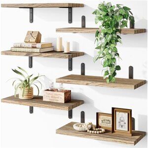 Wood Floating Shelves - Set of 6, Rustic Brown - Wall Mounted, Farmhouse Shelf